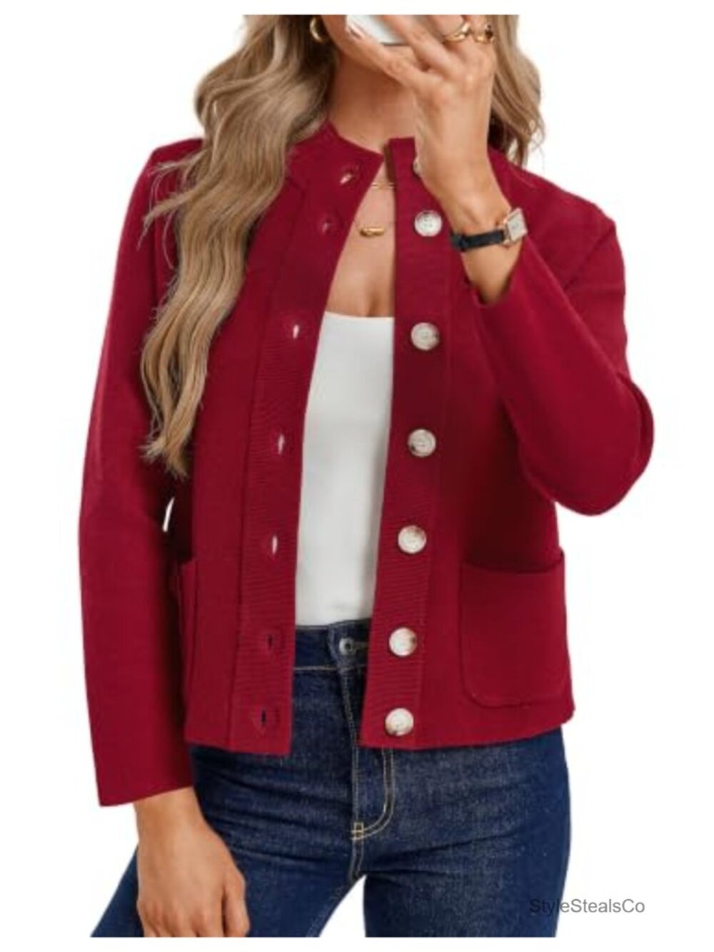 Women Chunky Knit Cardigan Sweater Mock Neck Button Down Pockets Fall Winter
